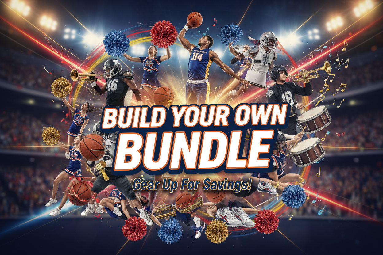 basketball, cheer, band, football, and basketball sports themed image featuring large, bold headline text that reads "Build Your Own Bundle". Ensure that all words are spelled correctly.