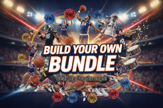 basketball, cheer, band, football, and basketball sports themed image featuring large, bold headline text that reads "Build Your Own Bundle". Ensure that all words are spelled correctly.
