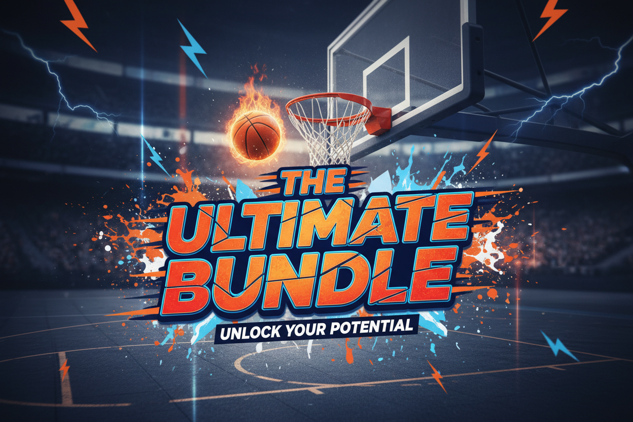 Basketball themed image featuring large bolden headline text that reads "The Ultimate Bundle". Ensure that all words are spelled correctly.